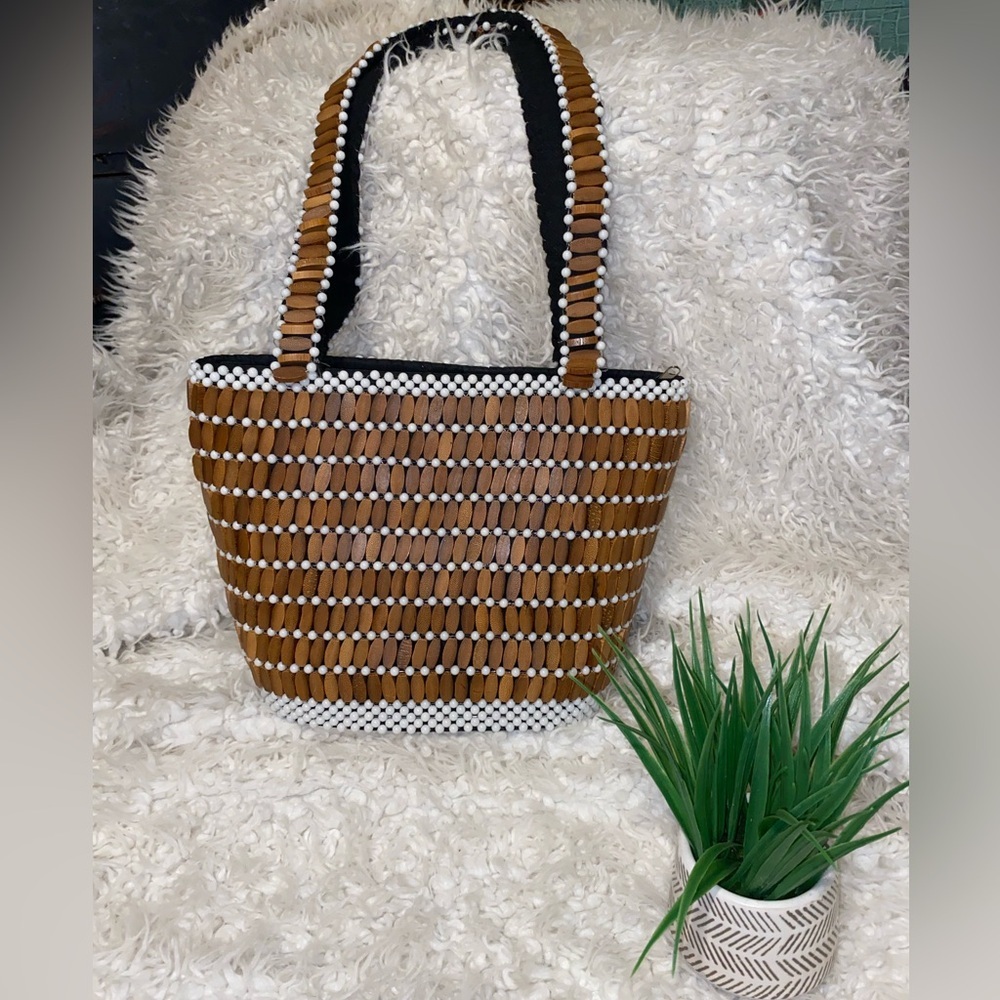 50%offw❤️ American Vintage brown wooden Geometric Beaded Tote Bag NWOT PURSE-SAL